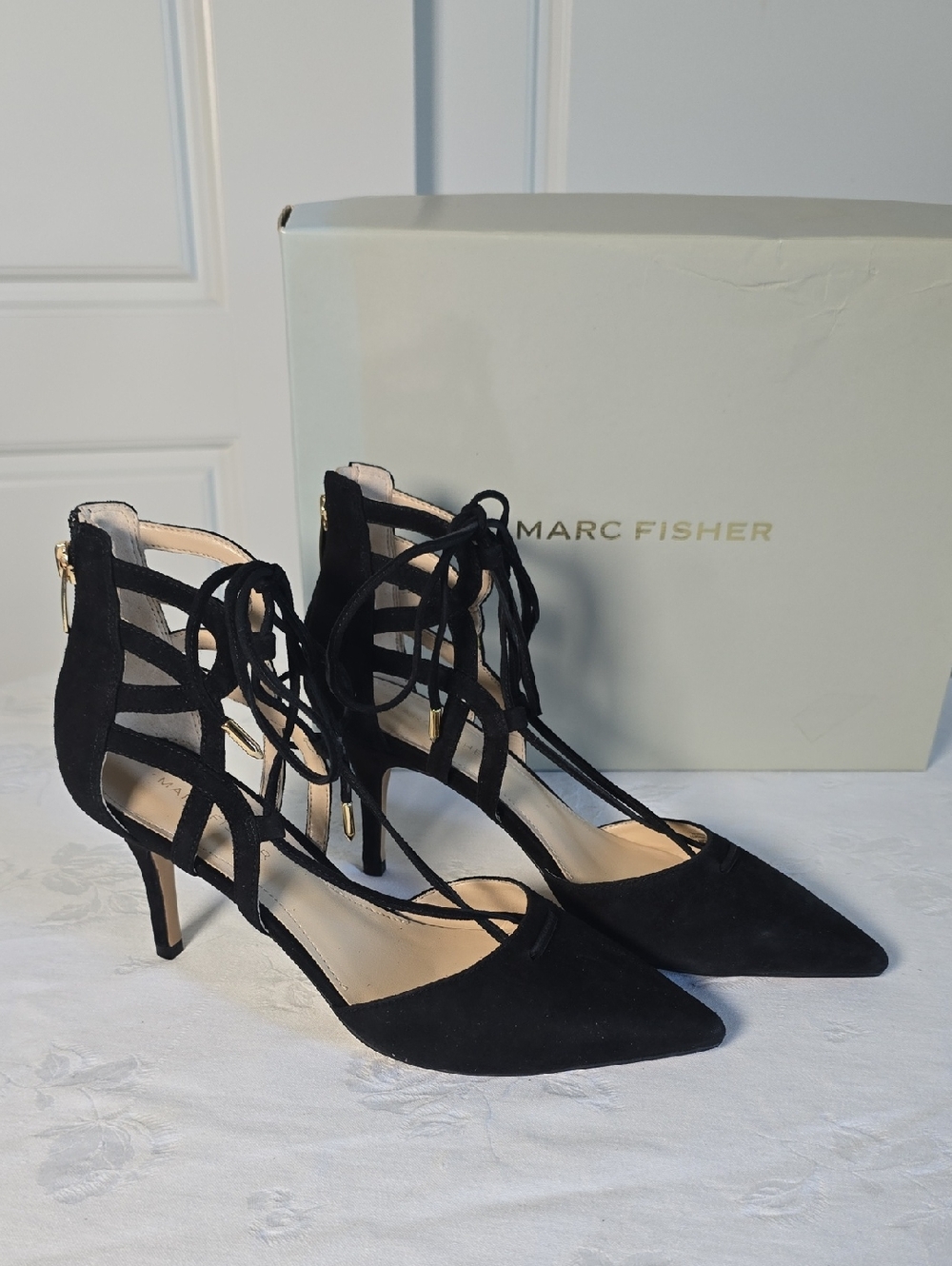 Marc Fisher Black Suede Lace-Up Pointed Toe Stilettos With Back Zipper Size 7